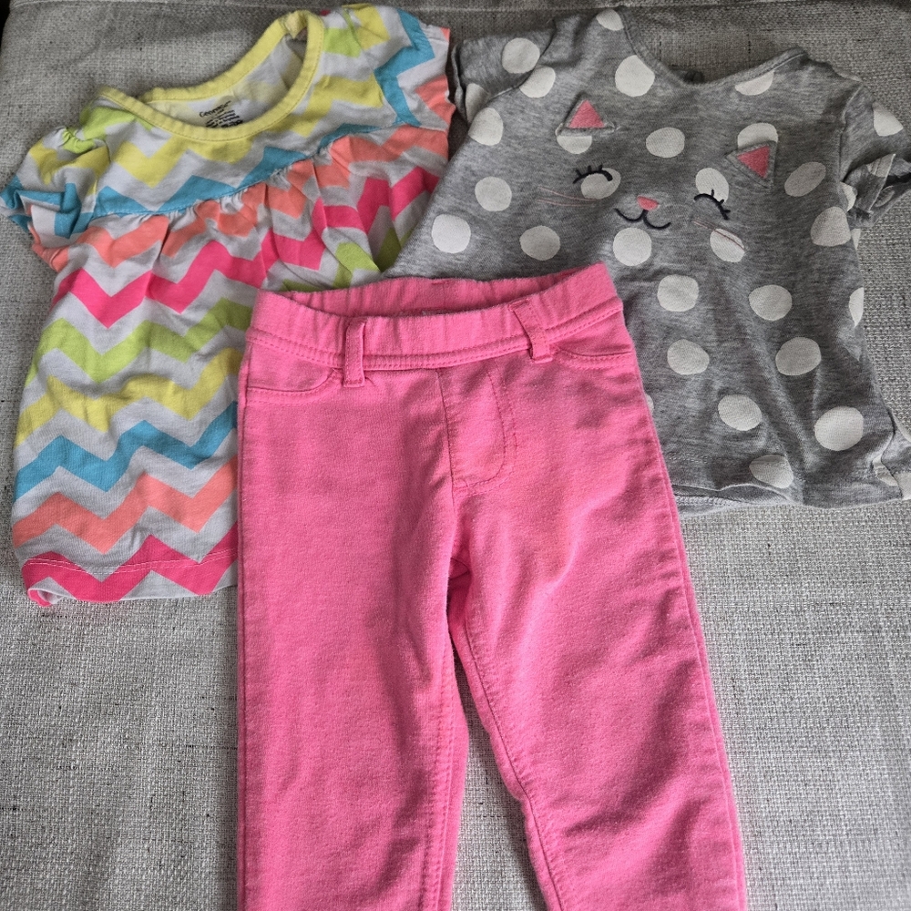 Baby Bundle - Girls Neon Pink Leggings with Chevron and Cat Tees